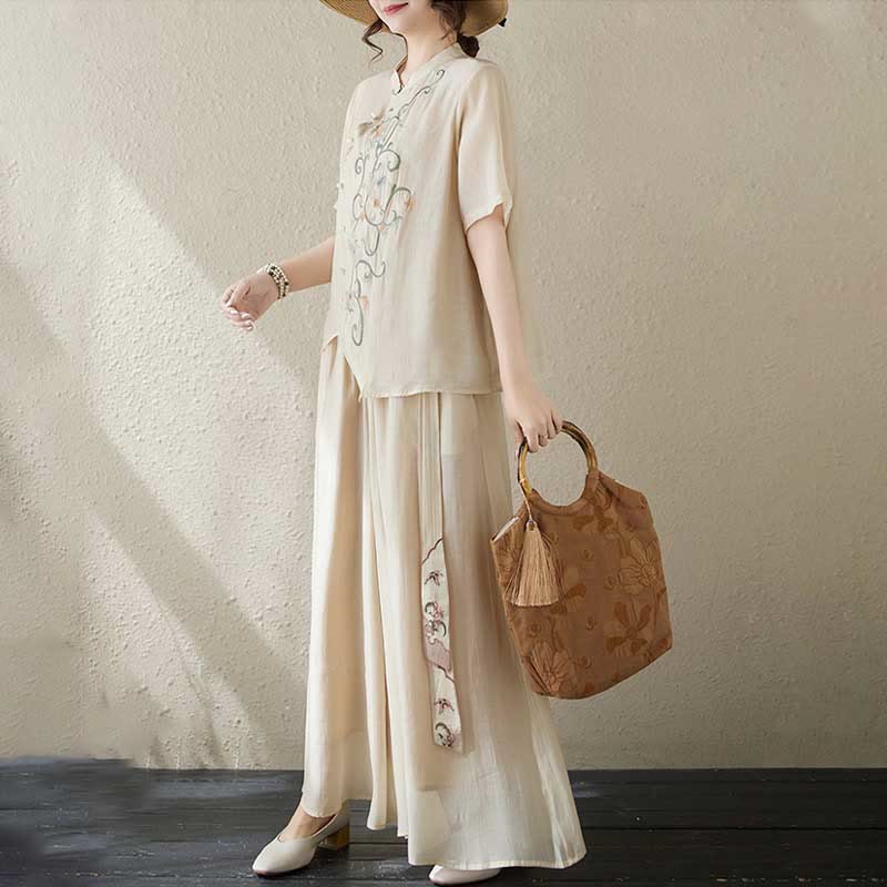 2Pcs Flower Embroidery Short Sleeve Tee T-shirt Wide Leg Pants Set