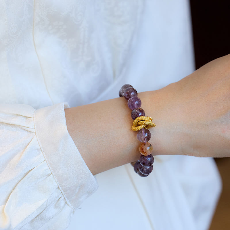 Purple Phantom & Red Hematoid Quartz Gold-Plated Copper Dragon Beaded Bracelet