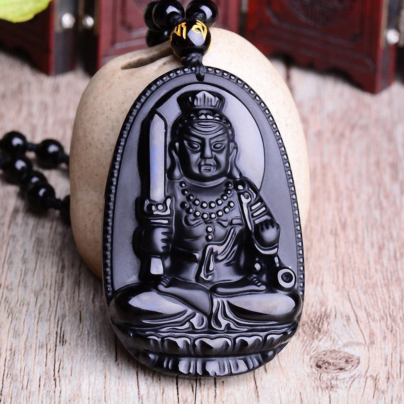 Chinese Zodiac Obsidian Buddha Amulet Protection Pendant Necklace