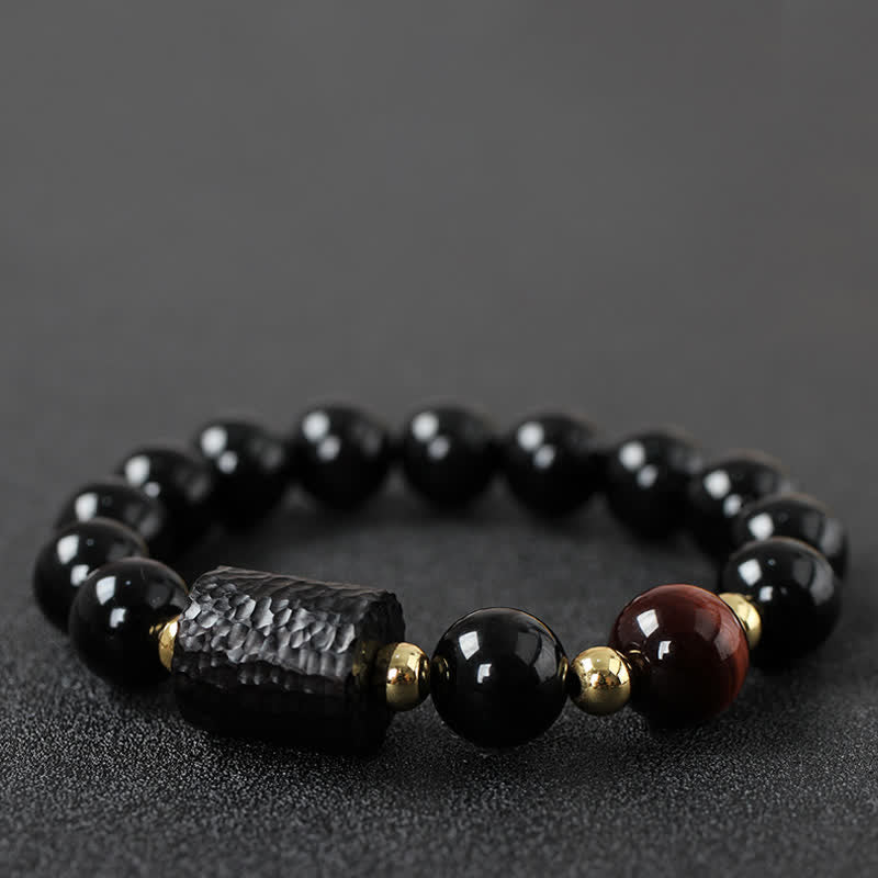 Ebony Wood & Black Obsidian Gold Sterling Silver Tiger Eye Beaded Couple Bracelet