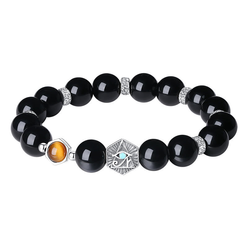 925 Sterling Silver Black Obsidian Tiger Eye Eye of Providence Purification Bracelet