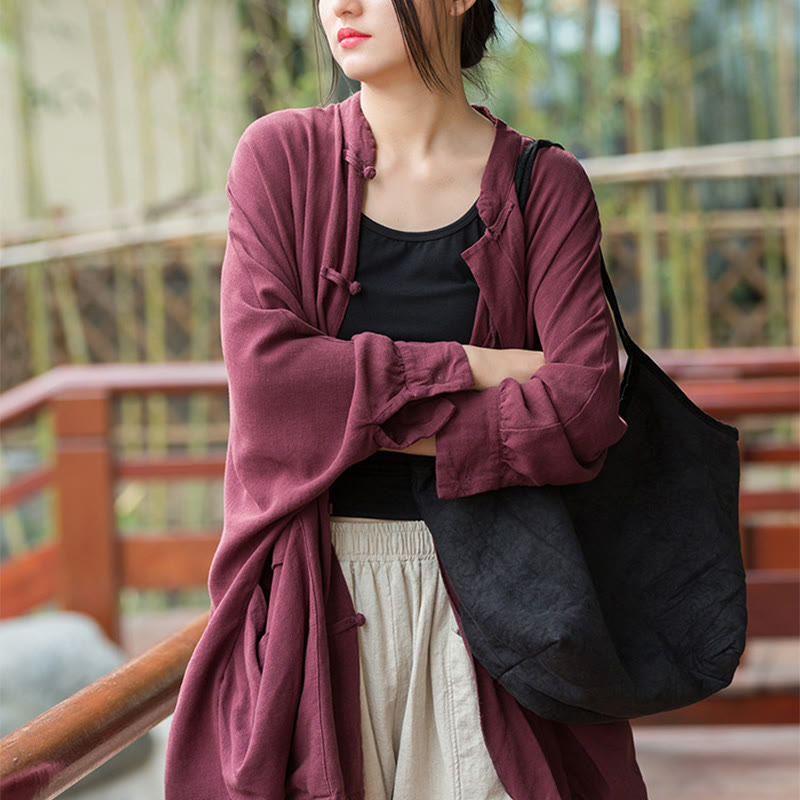 Frog-Button Long Sleeve Zen Meditation Open Front Jacket With Pockets