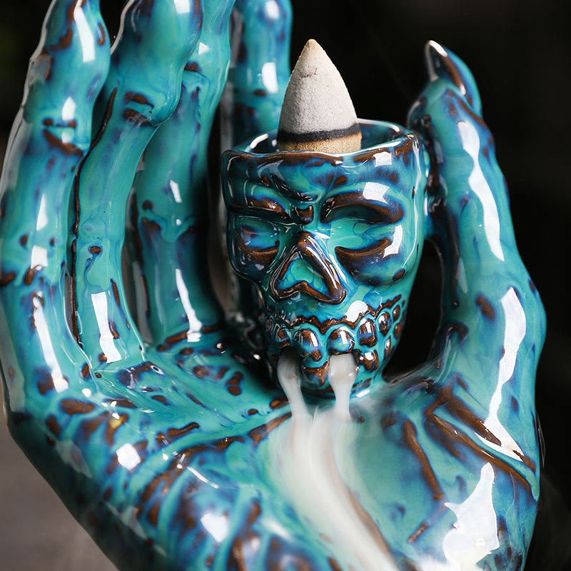 Ceramic Skull and Skeletal Hand Backflow Incense Burner for Atmospheric Meditation