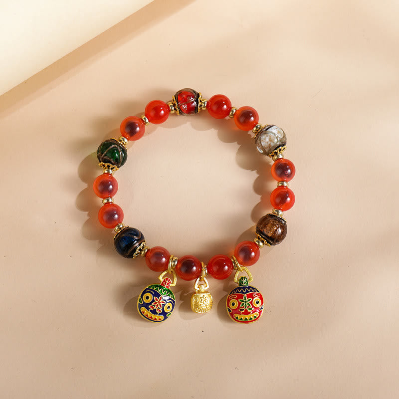Vibrant Candy Agate & Liuli Beaded Bracelet with Gold Swallowing Beast Family Charm