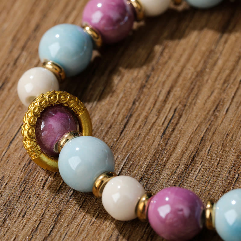 Tibetan Zakiram Goddess of Wealth Rabbit Lion Head Charm Liuli Glass Incense Ash Porcelain Bead Protection Bracelet