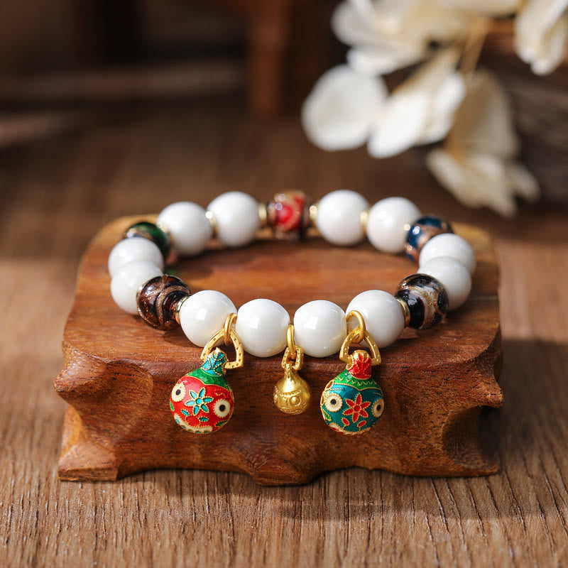 Gold Swallowing Beast Family Charm Liuli Glass Colorful Porcelain Bead Luck Bracelet