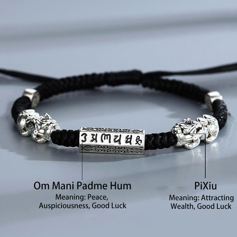 Double PiXiu Feng Shui Copper Coin Om Mani Padme Hum String Bracelet