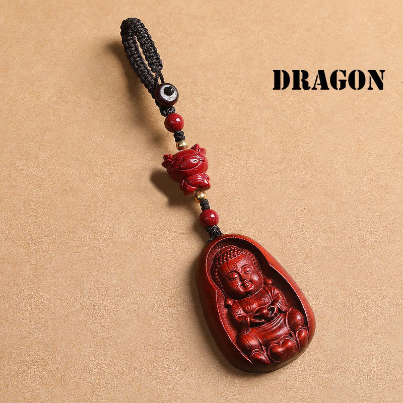 Small Leaf Red Sandalwood & Cinnabar Buddha Chinese Zodiac Carved Keychain