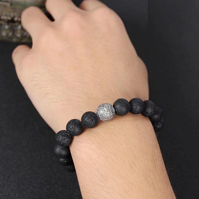 Textured Copper Fish Scale and Volcanic Lava Stone Beaded Bracelet