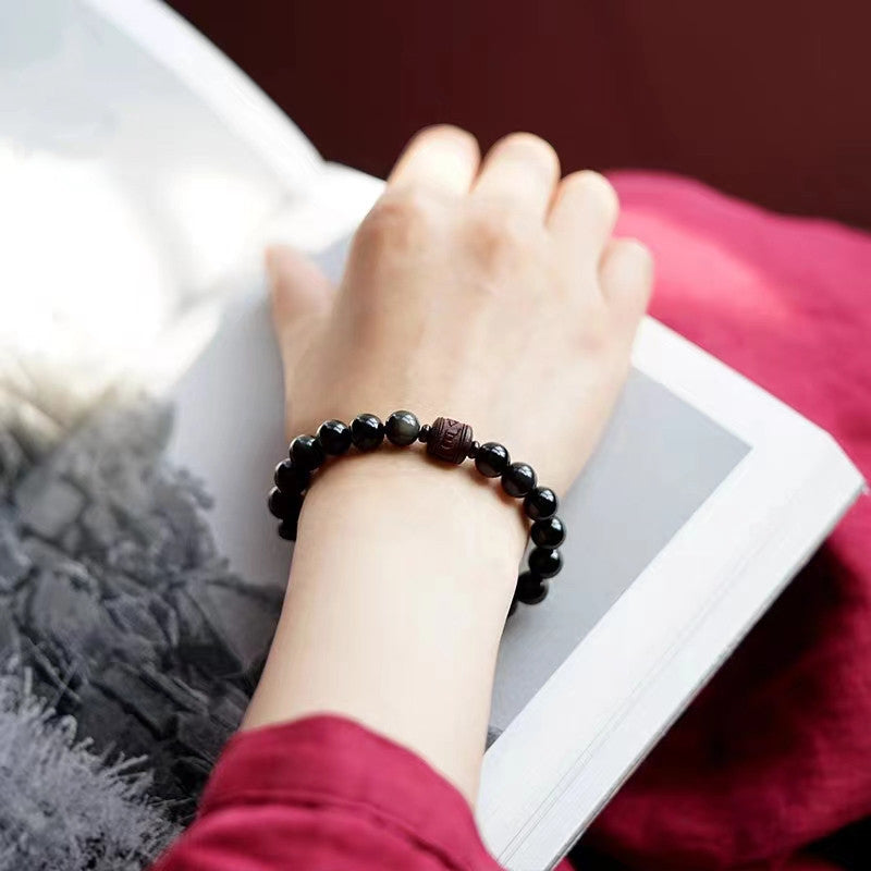 Natural Gold Sheen Obsidian Rainbow Obsidian Om Mani Padme Hum Fu Character Healing Bracelet