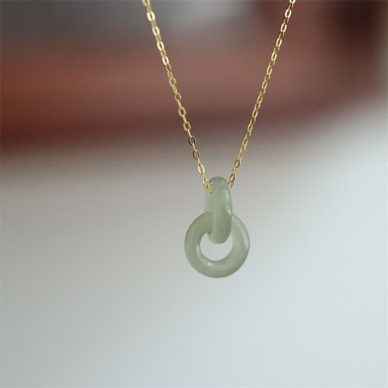 925 Sterling Silver Natural Double Peace Buckle Hetain Jade Luck Necklace Pendant