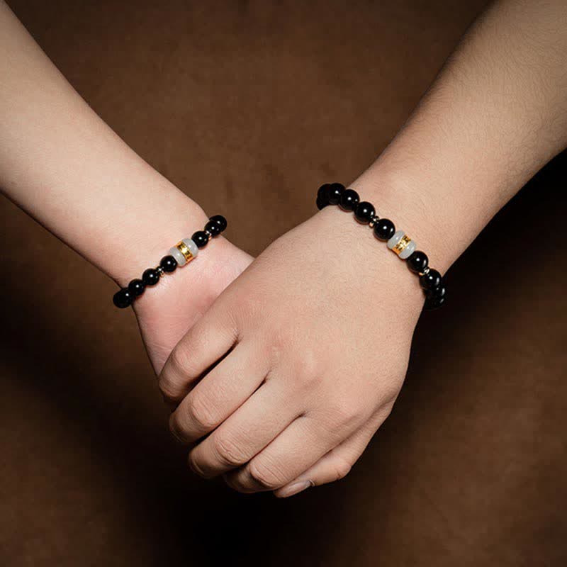 Magnetic Black Obsidian and Jade Om Mani Padme Hum Mantra Gold Plated Couple Bracelet
