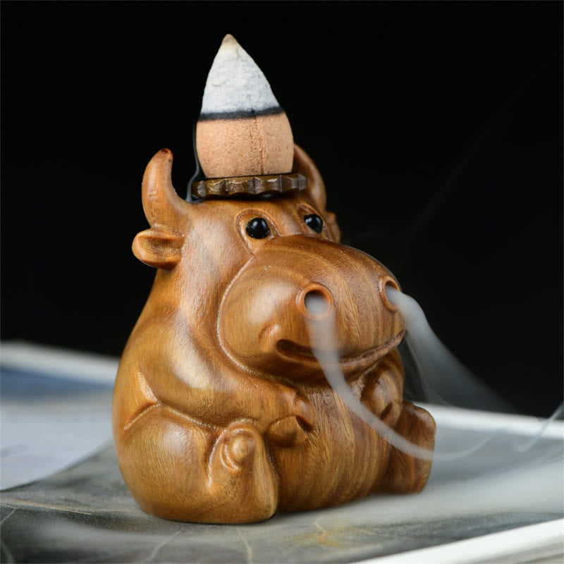 Hand-Carved Green Sandalwood Calf Motif Backflow Incense Burner