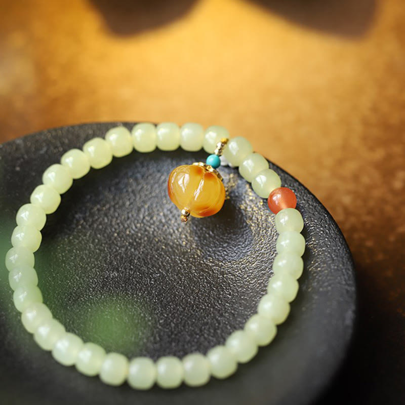 Natural Hetian Jade Amber and Red Agate Pumpkin Carved Gemstone Bracelet