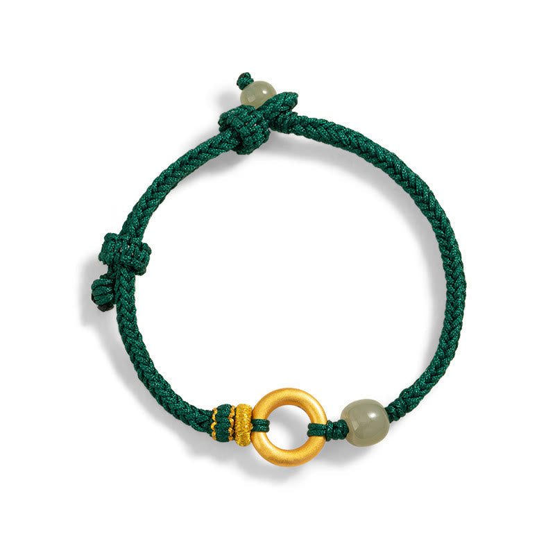 999 Sterling Silver Peace Buckle Hetian Jade Bead Luck Green Rope Braided Bracelet