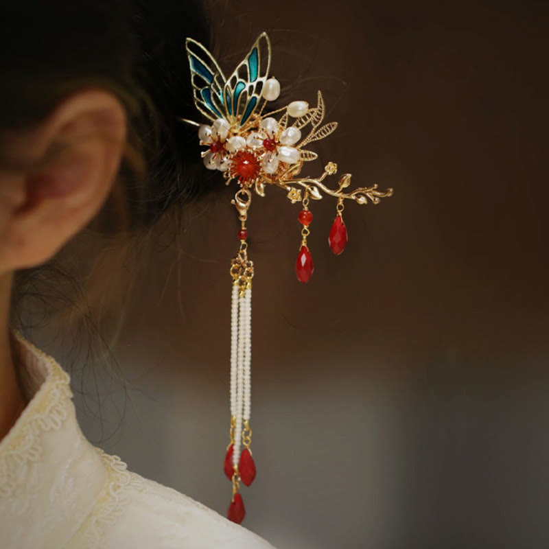 Classical Chinese Style Flower Branche Butterfly Pearl Tassel Hair Clip Hair Comb Hair Crown