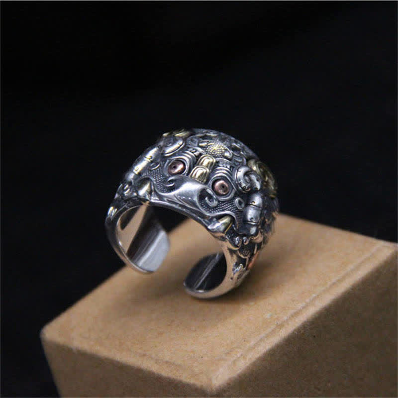 925 Sterling Silver Mythical Dragon and Kui Ox Adjustable Ring