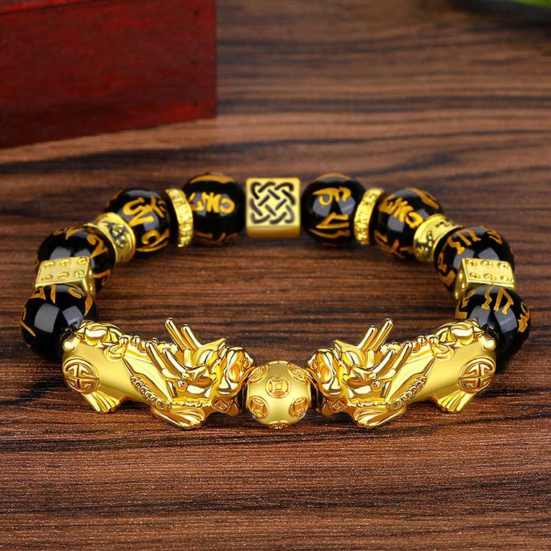 12mm Black Obsidian Beaded Bracelet with Double Pixiu and Om Mani Padme Hum Mantra
