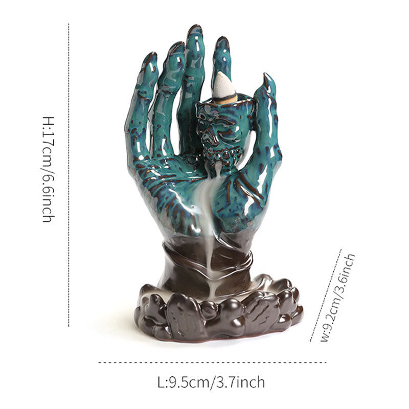 Ceramic Skull and Skeletal Hand Backflow Incense Burner for Atmospheric Meditation