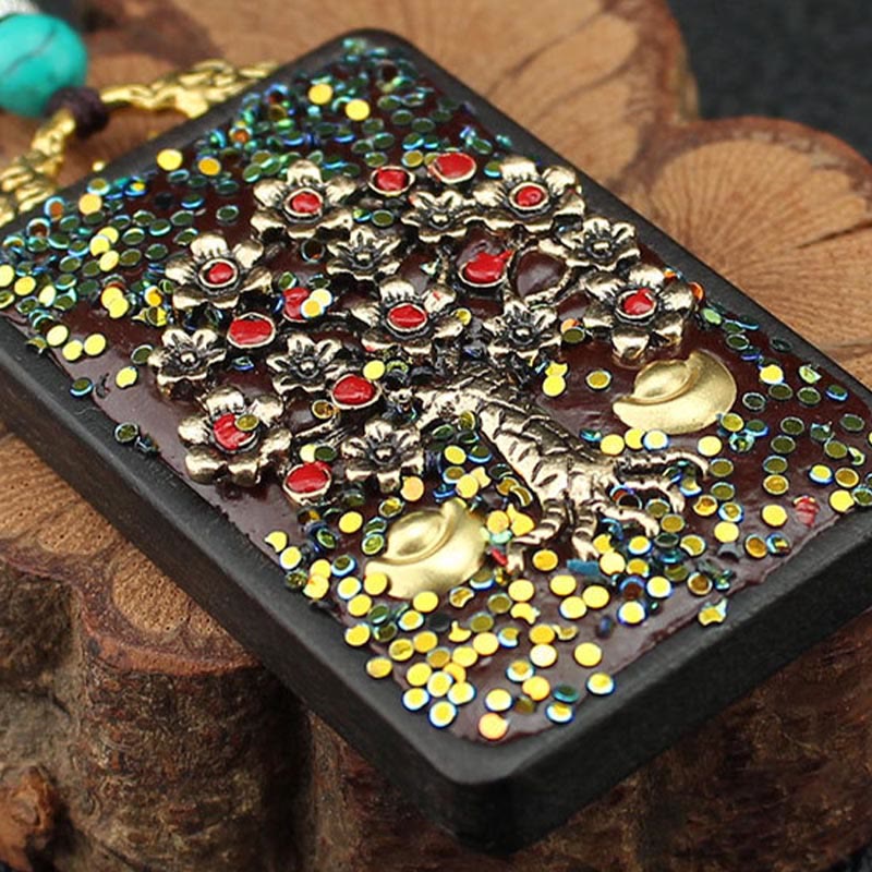 Tibet God Of Wealth Money Tree Golden Phoenix Thangka Ebony Peace Necklace Pendant