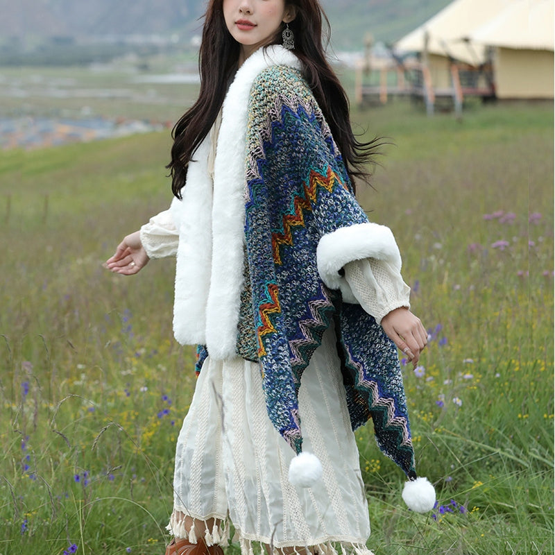 Tibetan Multicolored Wavy Lines Knitted Striped Shawl Coat Winter Cozy Travel Scarf Wrap