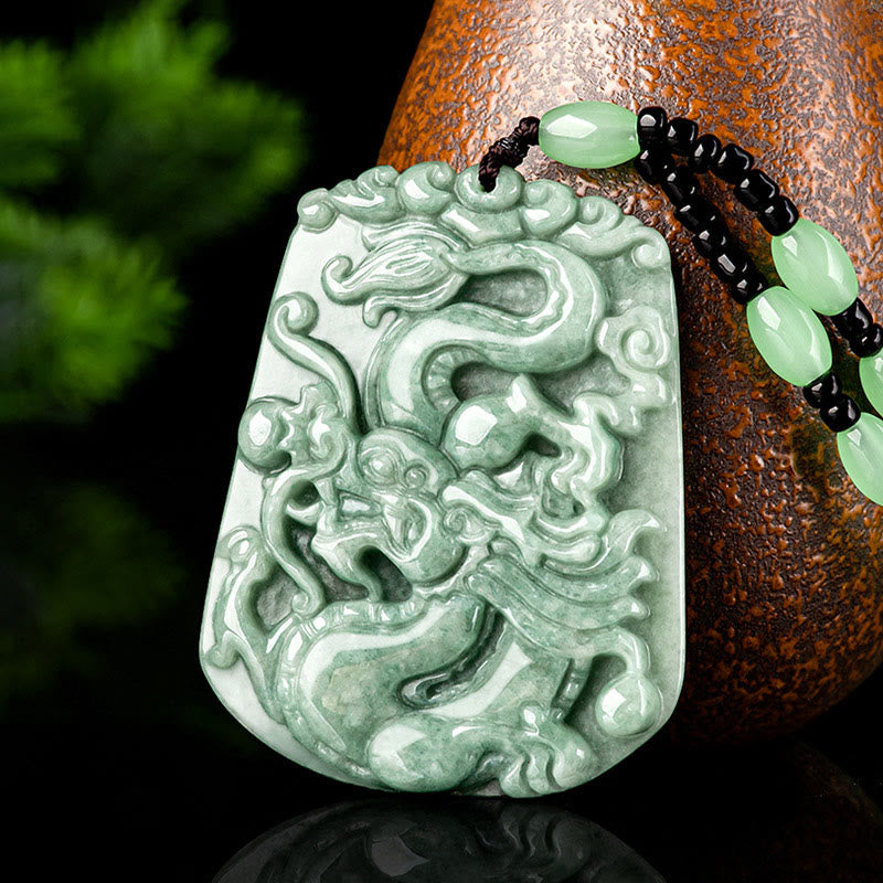 Year Of The Dragon Chinese Zodiac Dragon Soaring Jade Protection Bead Chain Necklace Pendant