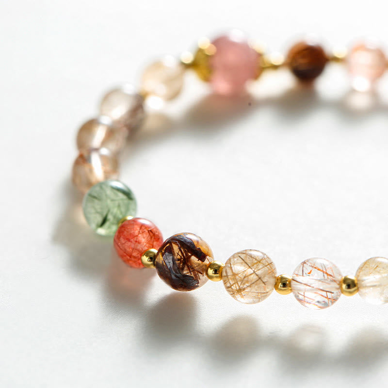 Hand-Assembled Natural Strawberry Quartz & Copper Pixiu Beaded Bracelet