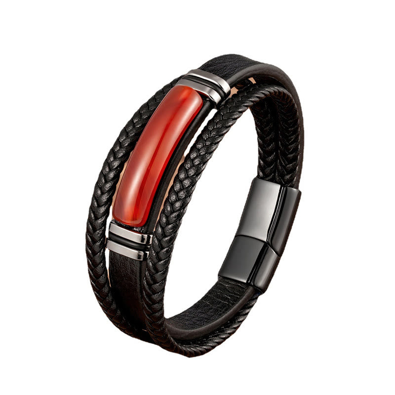 Multilayered Braided Leather Natural Gemstone Power Bracelet