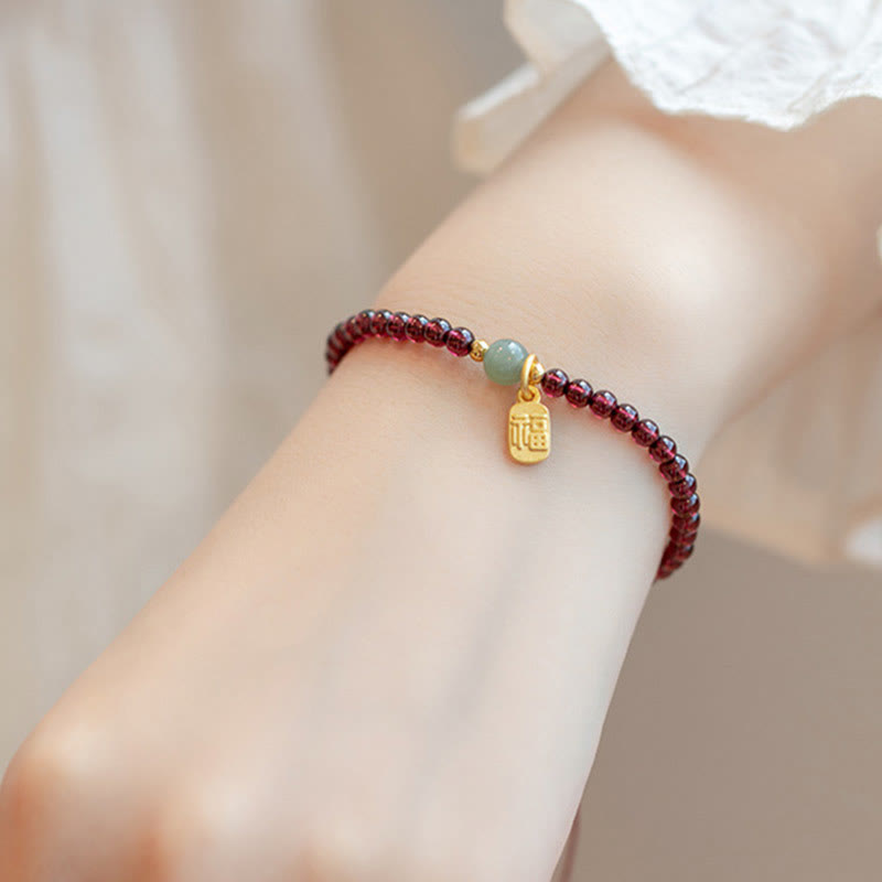 Natural Jade & Strawberry Quartz Garnet Fu Prosperity Character Beaded Bracelet