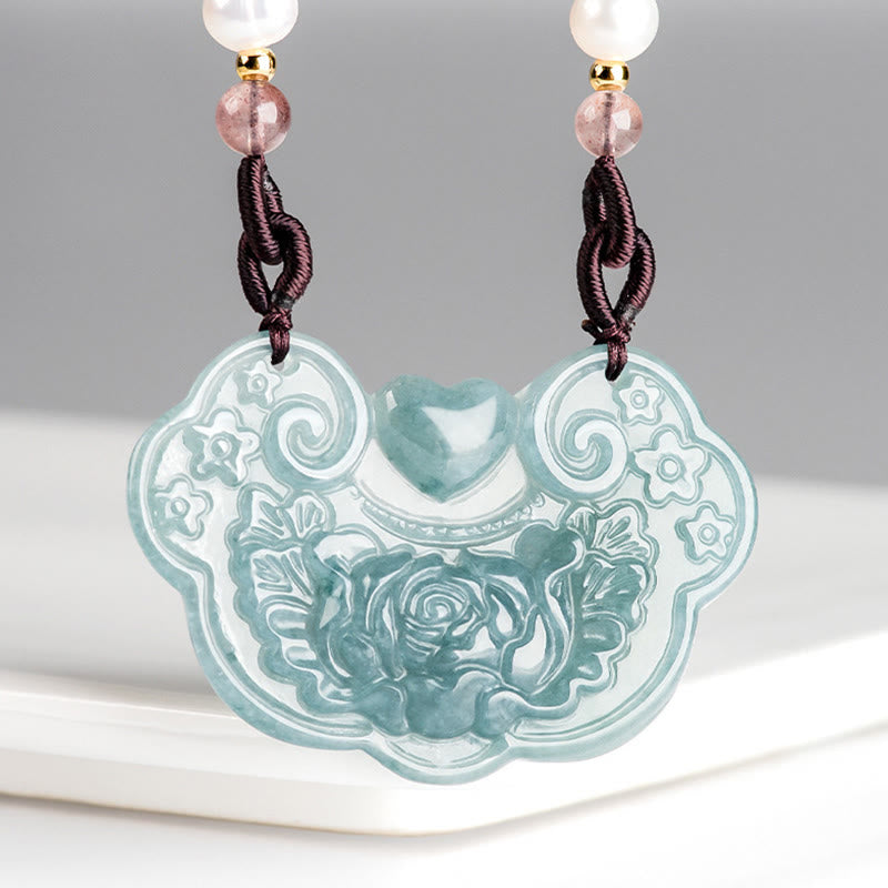 Natural Jade Peony Flower Lock of Good Wishes Prosperity Necklace Pendant