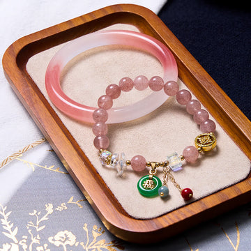 Pink Golden Silk Jade Bangle & Strawberry Quartz Beaded Bracelet Bundle Set