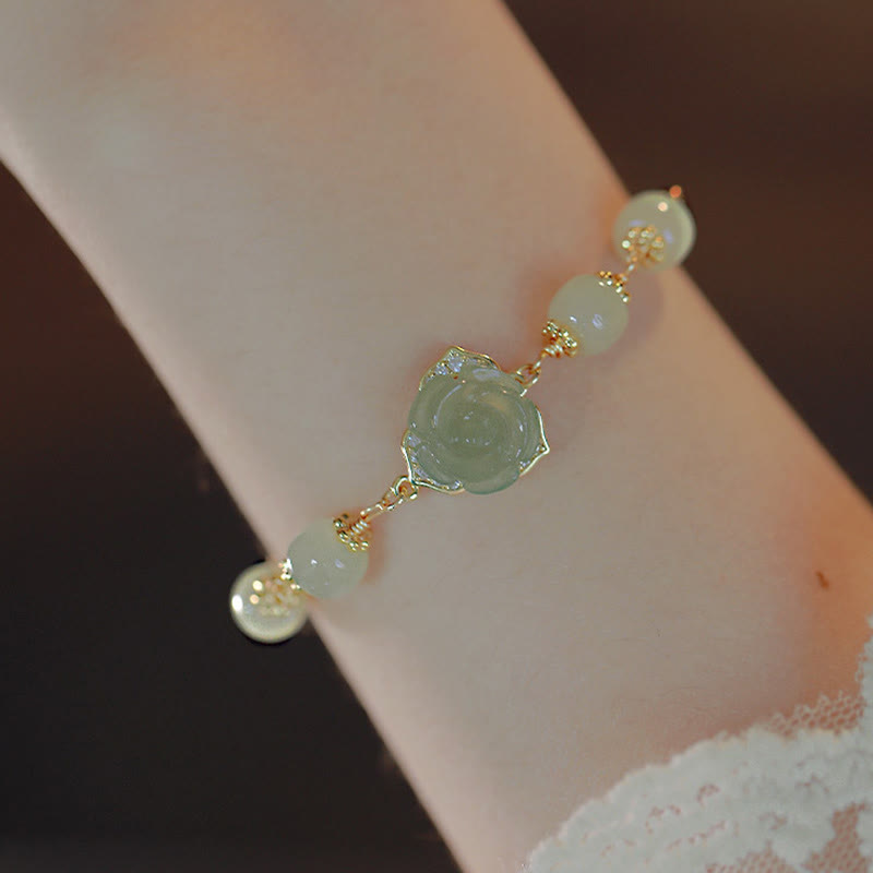 14K Gold Plated Hetian Jade Rose Flower Copper Chain Bracelet