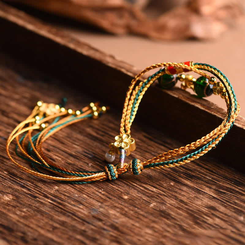 Tibetan Handmade Rope Liuli Glass Bead Braided Multilayered Healing Bracelet