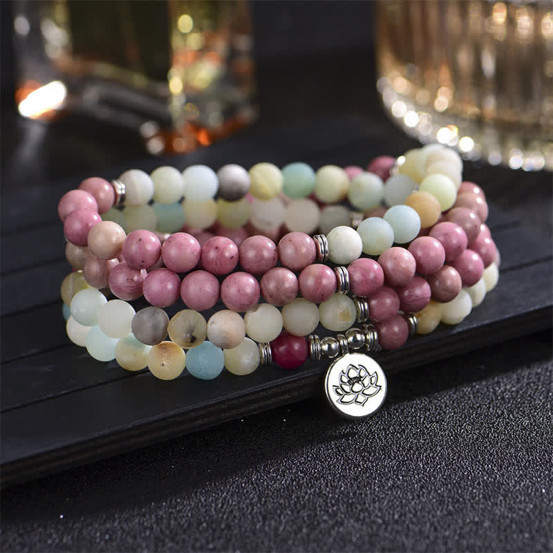 Lazurite Picasso Jasper Amazonite Rhodonite Apatite Positive Lotus Prayer Bead Bracelet