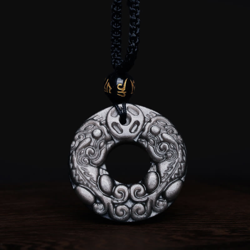 Natural Silver Sheen Obsidian Double PiXiu Copper Coin Peace Buckle Protection Necklace Pendant