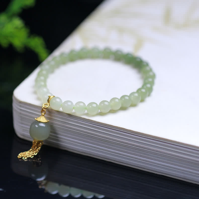 925 Sterling Silver Hetian Jade Beaded Wealth Bag Charm Bracelet