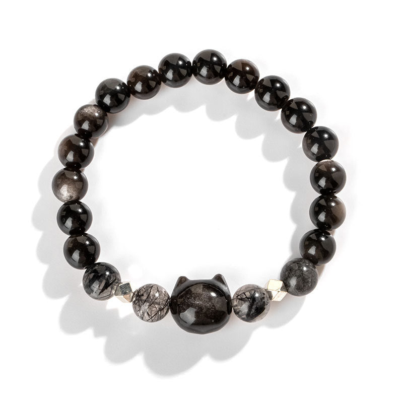 Natural Silver Sheen Obsidian Cute Cat Head Protection Bracelet