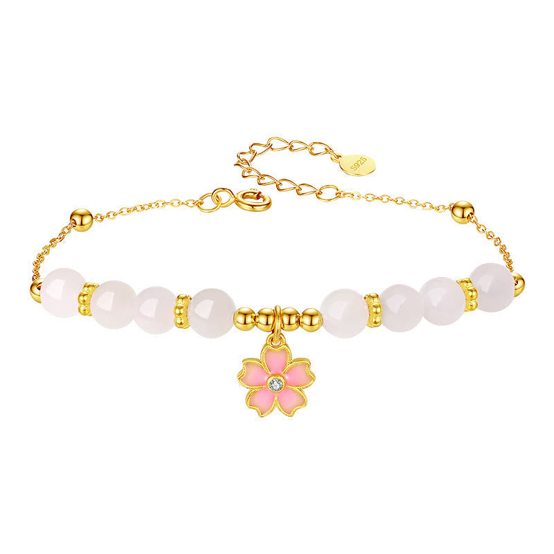 925 Sterling Silver Hetian White Jade Cherry Blossom Zircon Chain Bracelet