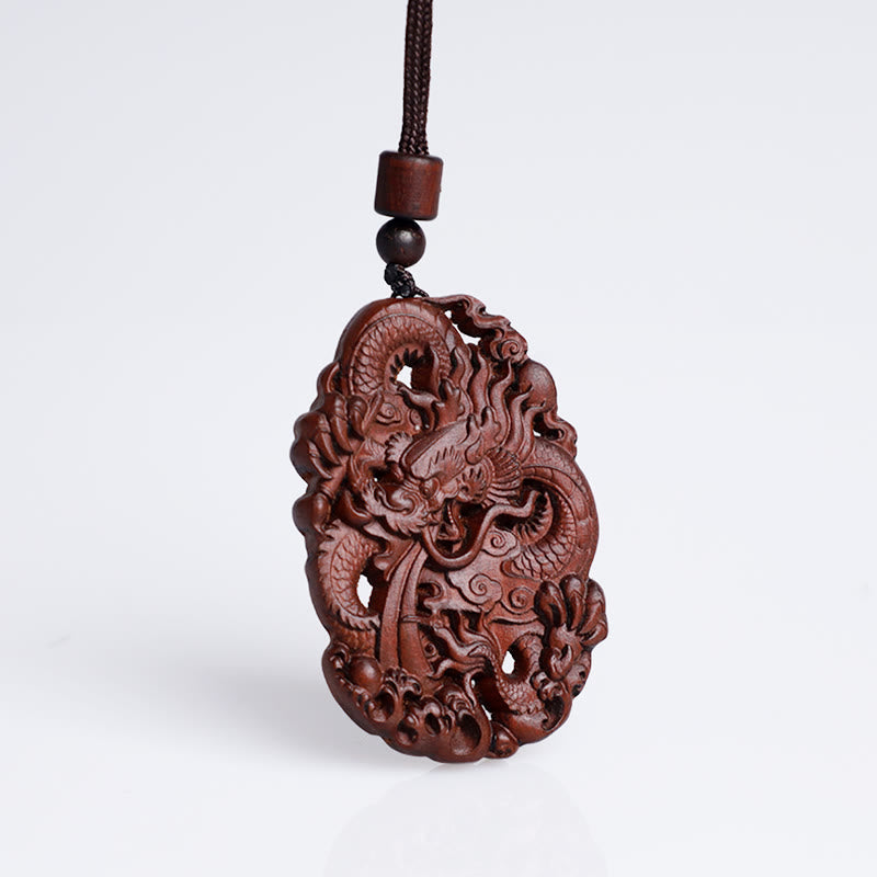 Lightning Struck Jujube Wood Double Dragon Relief Ward Off Evil Spirits Necklace Pendant