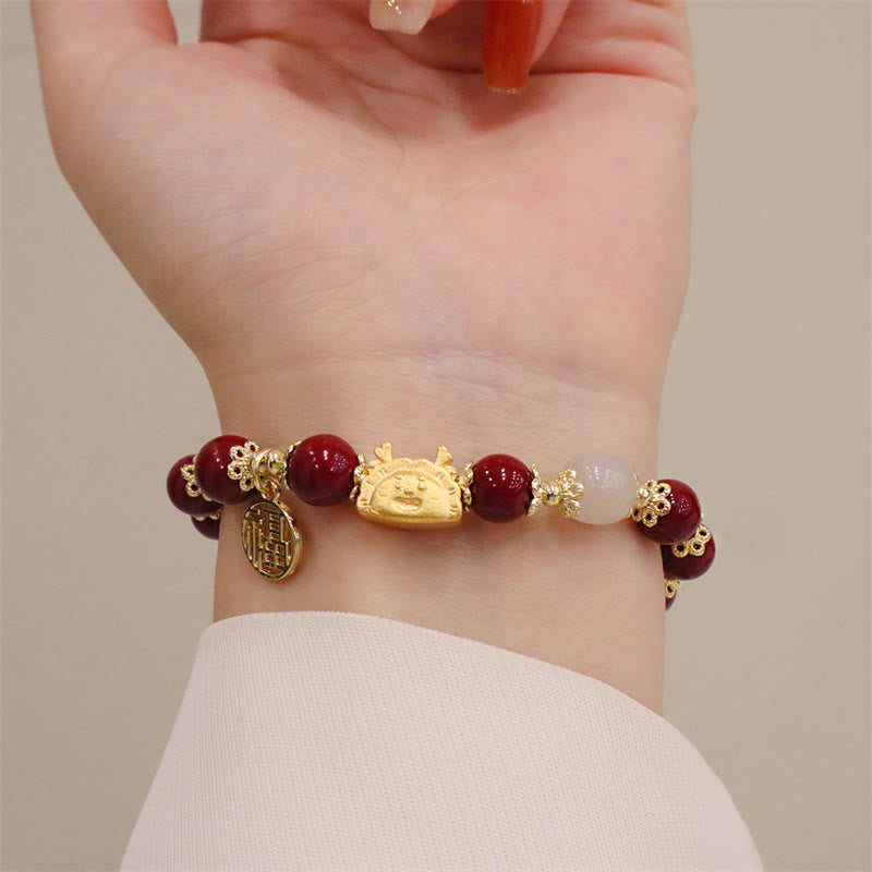 Year Of The Dragon Red Agate Strawberry Quartz Black Obsidian Jade Garnet Pearl Cinnabar Dumpling Dragon Luck Fu Character Bracelet