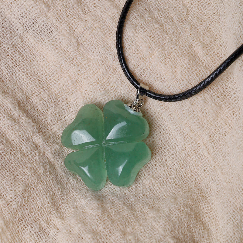 925 Sterling Silver Green Aventurine Four Leaf Clover Luck Leather Rope Necklace Pendant