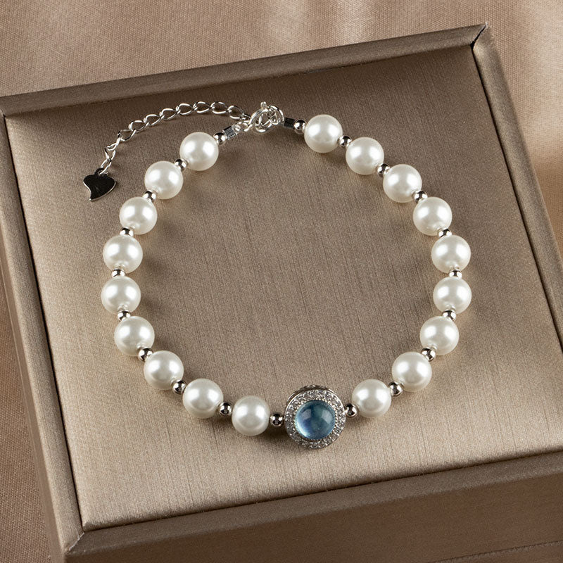 925 Sterling Silver Pearl Blue Chalcedony Healing Chain Bracelet Ring