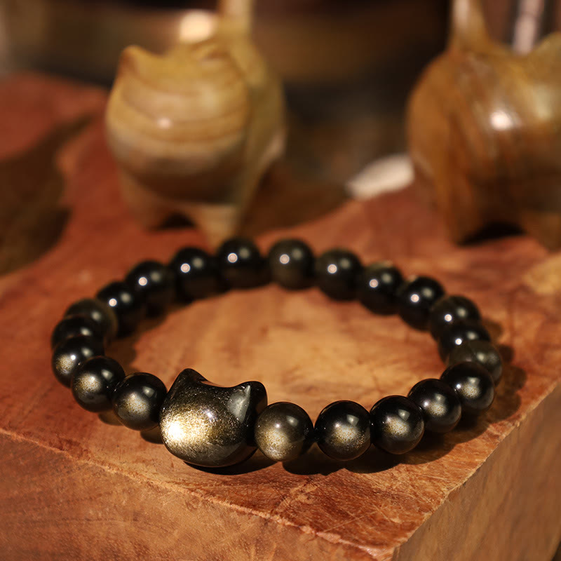 Handmade Gold & Silver Sheen Obsidian Feline Motif Beaded Bracelet