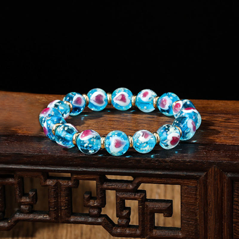 Gold Swallowing Beast Family Pink Love Heart Luminous Fluorescent Liuli Glass Bead Bracelet