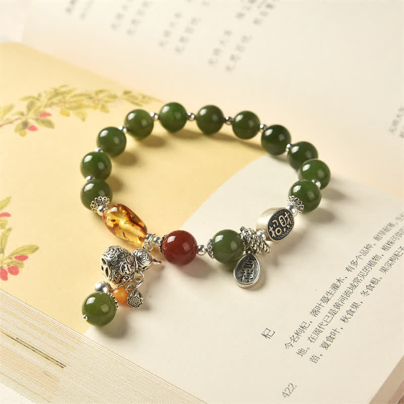 925 Sterling Silver Hetian Cyan Jade Gourd and Amber Harmony Bracelet