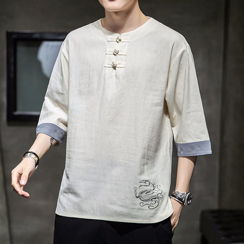 Frog-Button Dragon Embroidery Chinese Tang Suit Three Quarter Sleeve Shirt Cotton Linen Men Clothing