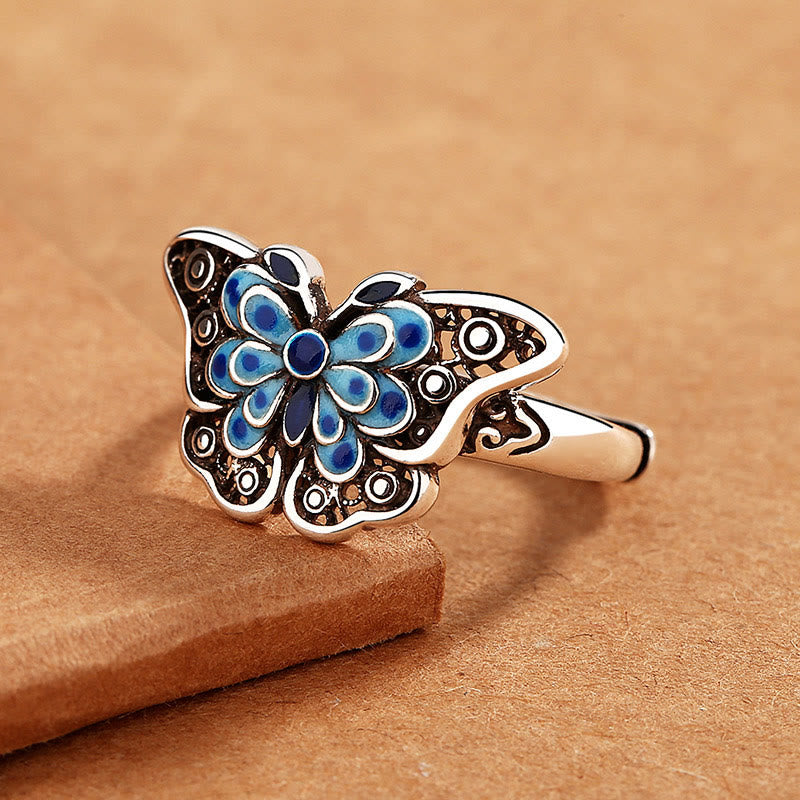 Hollow Enamel Blue Butterfly Pattern Love Ring