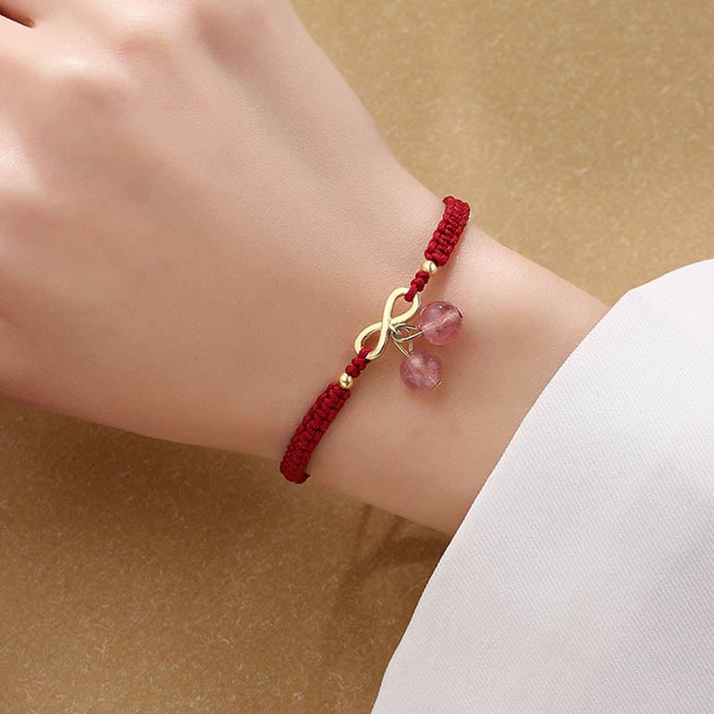 Adjustable Strawberry Quartz Crystal, Copper & Endless Knot Red String Woven Bracelet