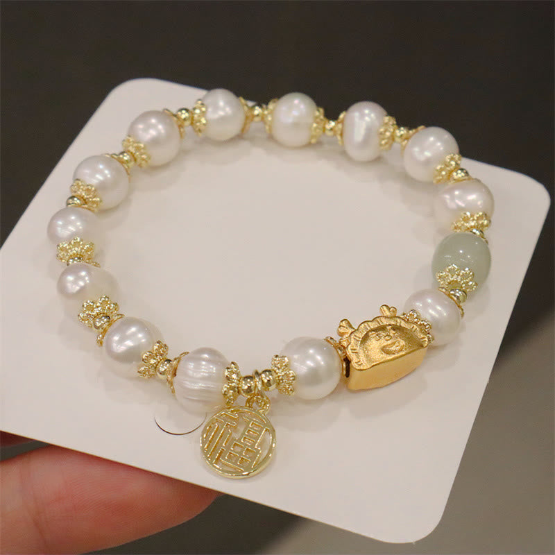 Year Of The Dragon Red Agate Strawberry Quartz Black Obsidian Jade Garnet Pearl Cinnabar Dumpling Dragon Luck Fu Character Bracelet