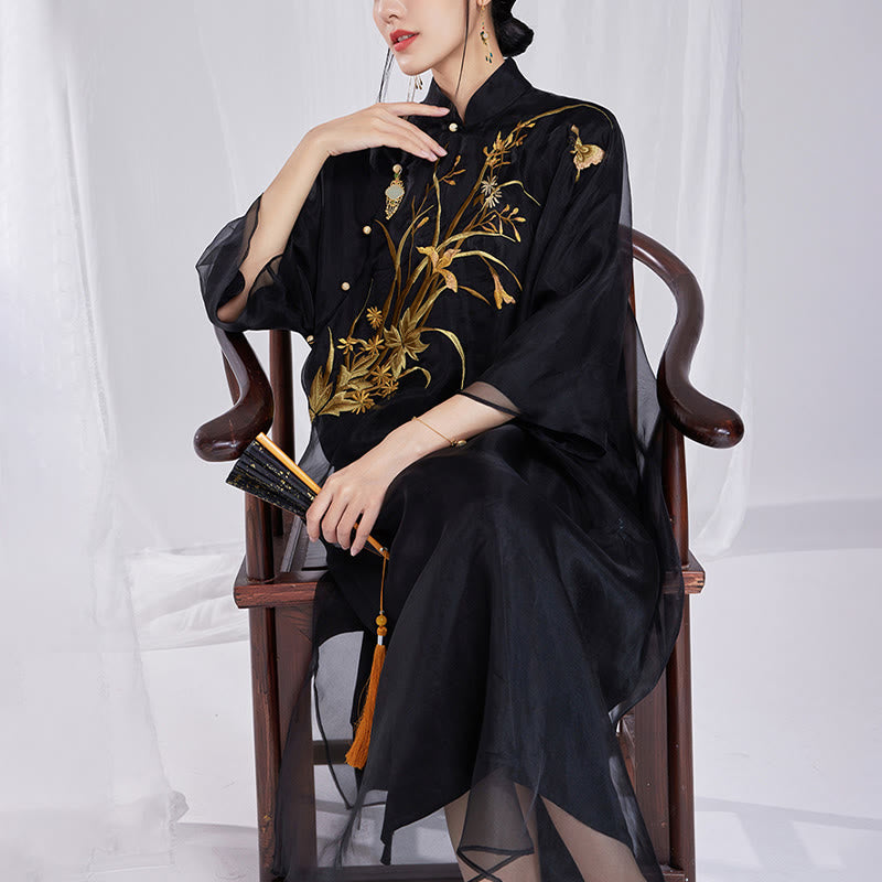 100% Mulberry Silk 6 Momme Dress Vintage Flower Butterfly Embroidery Qipao Dress Women's Cheongsam Dress